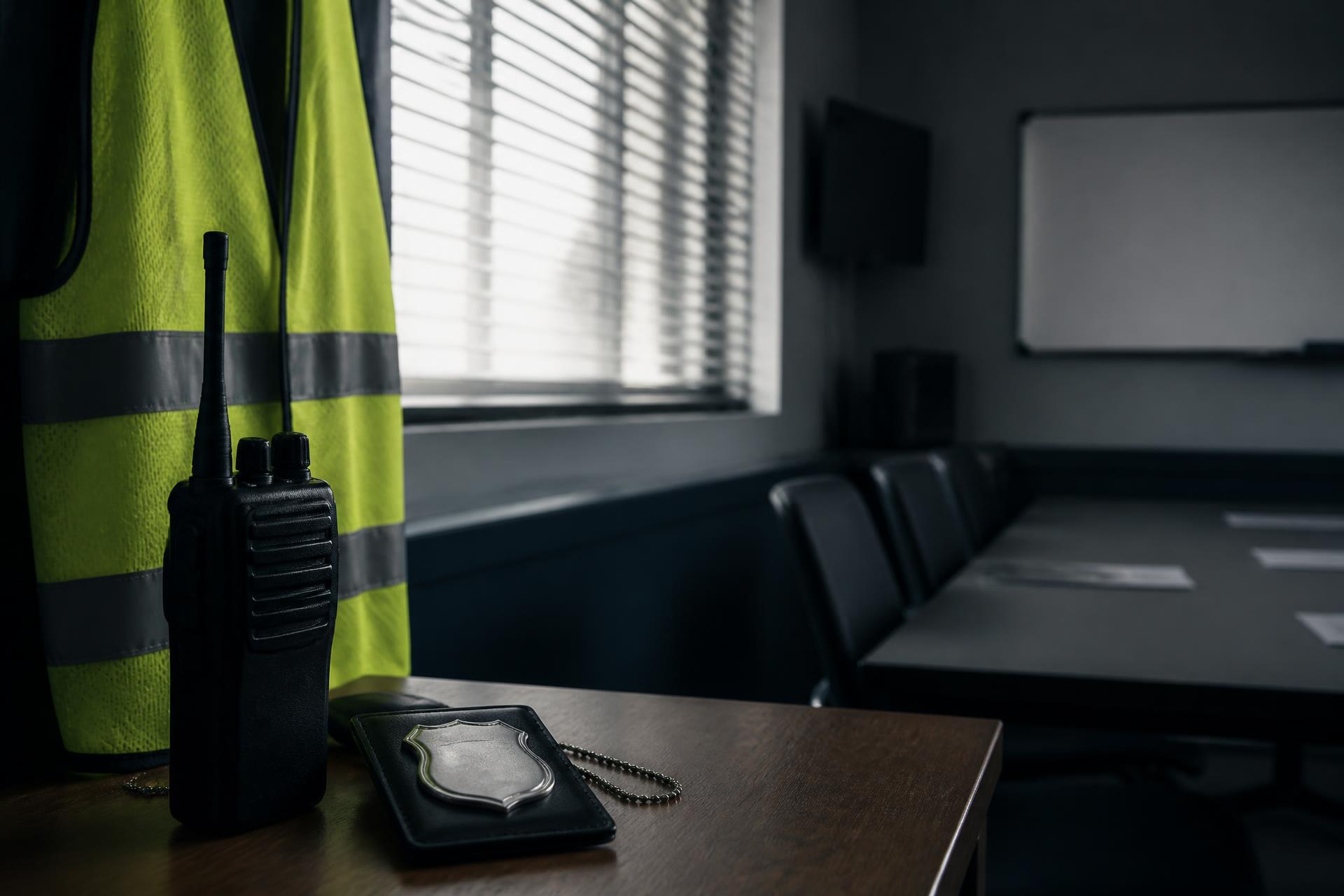 Équipement professionnel de sécurité privée : gilet haute visibilité, radio et badge en salle de formation.